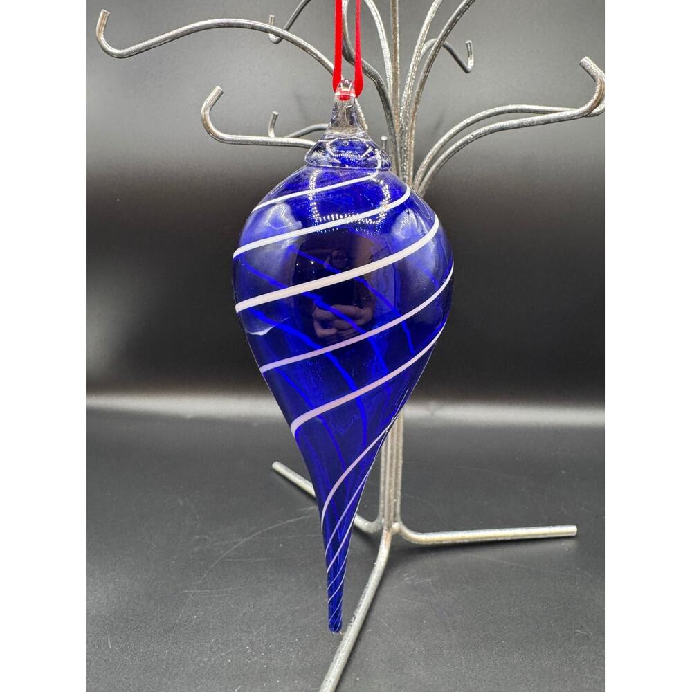 Cobalt Blue White Swirl Handblown Glass Ornament